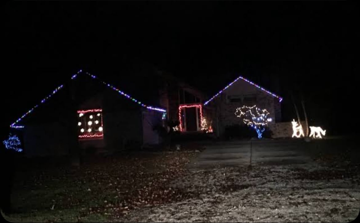 Row of houses decorated with colorful Christmas lights and displays at night, featuring blue roof lights, red window displays, and illuminated reindeer figures